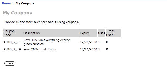Zen Cart My Coupons Page displaying AutoCoupons