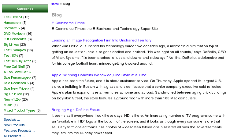 Blog displayed in a Zen Cart