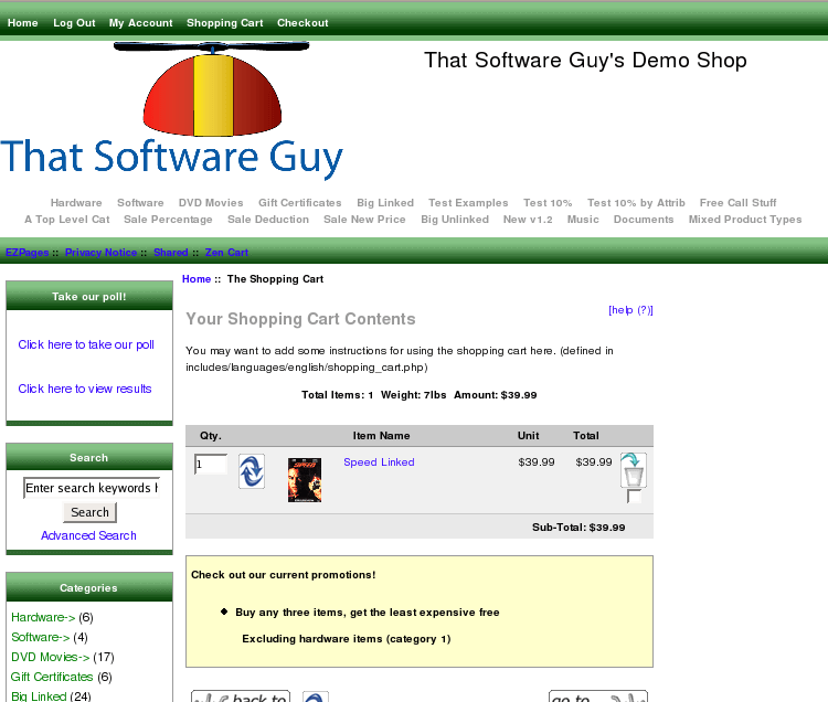 Zen Cart Shopping cart page with message generated by Big Upsell