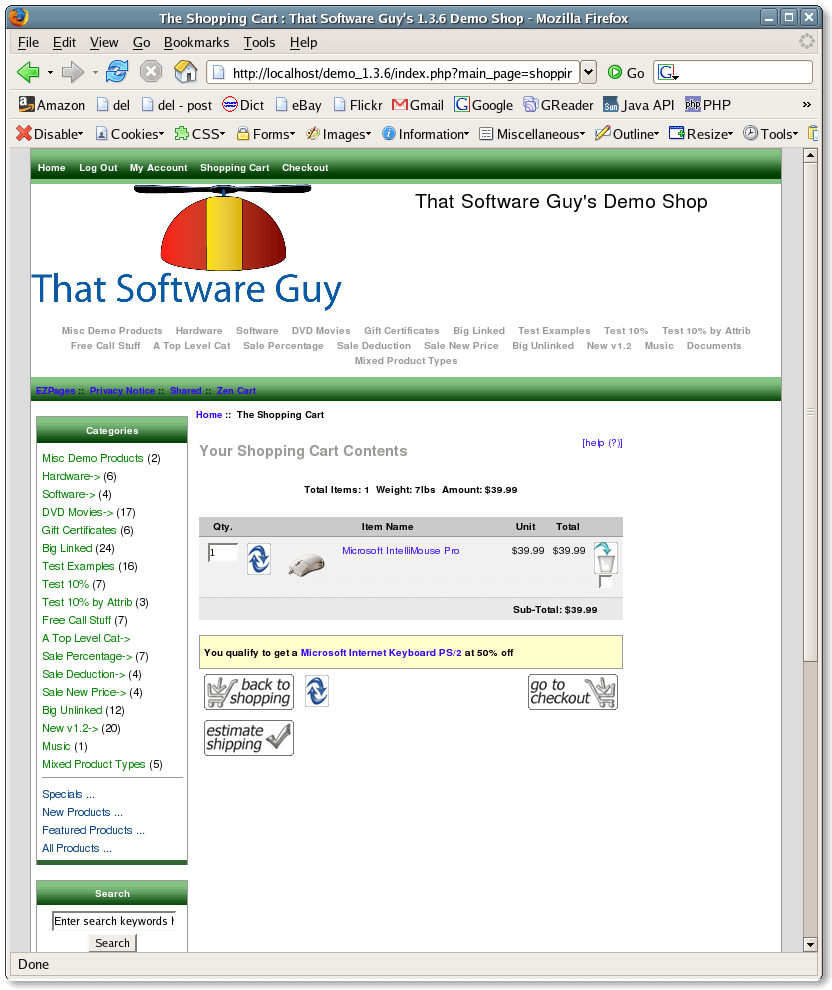 Zen Cart Shopping cart page with an upsell message generated by Better Together 