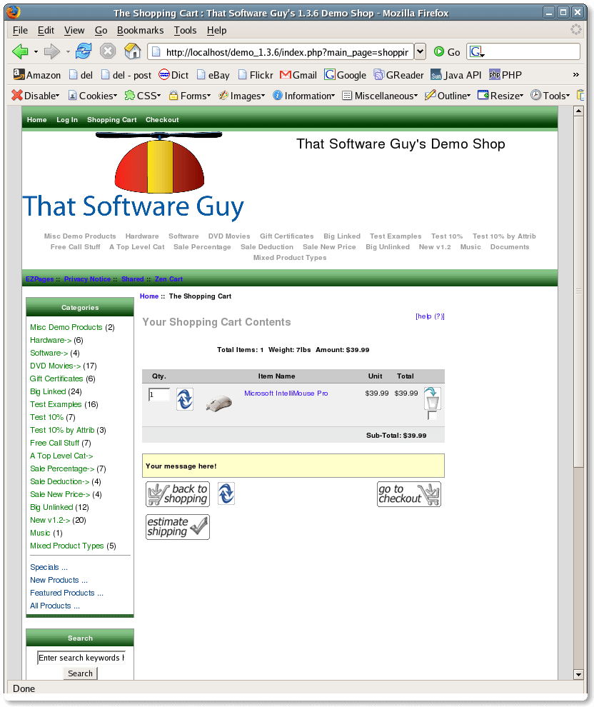 Zen Cart Shopping cart page with an upsell message 