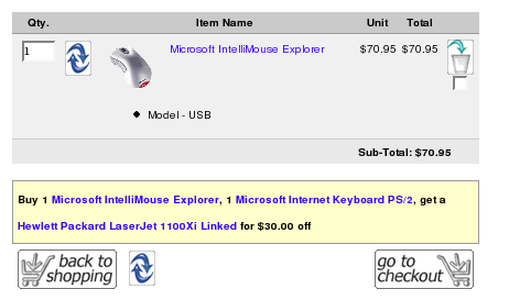 Zen Cart cart page with upsell message 