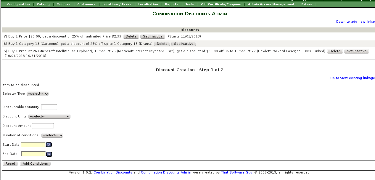 Zen Cart Combination Discounts Admin Panel