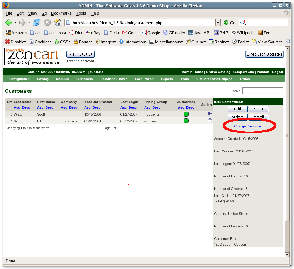 How to enter Zen Cart customer password edit