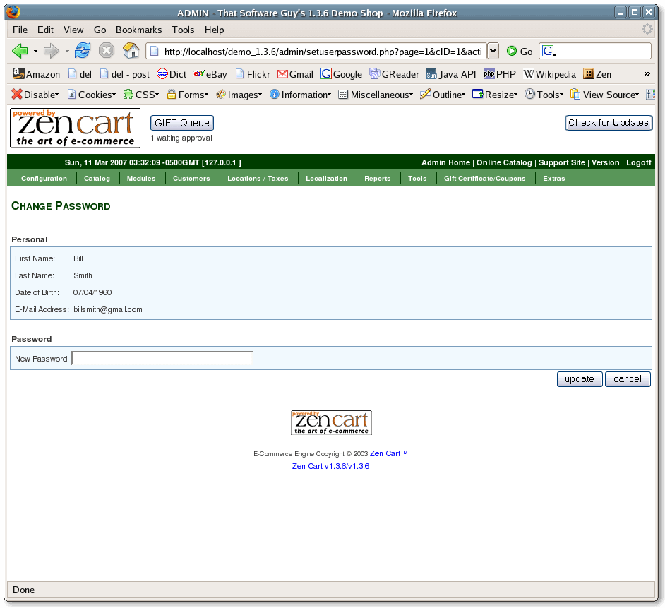 Editing a Zen Cart customer password