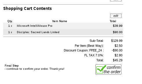 Item added on Zen Cart checkout confirmation page