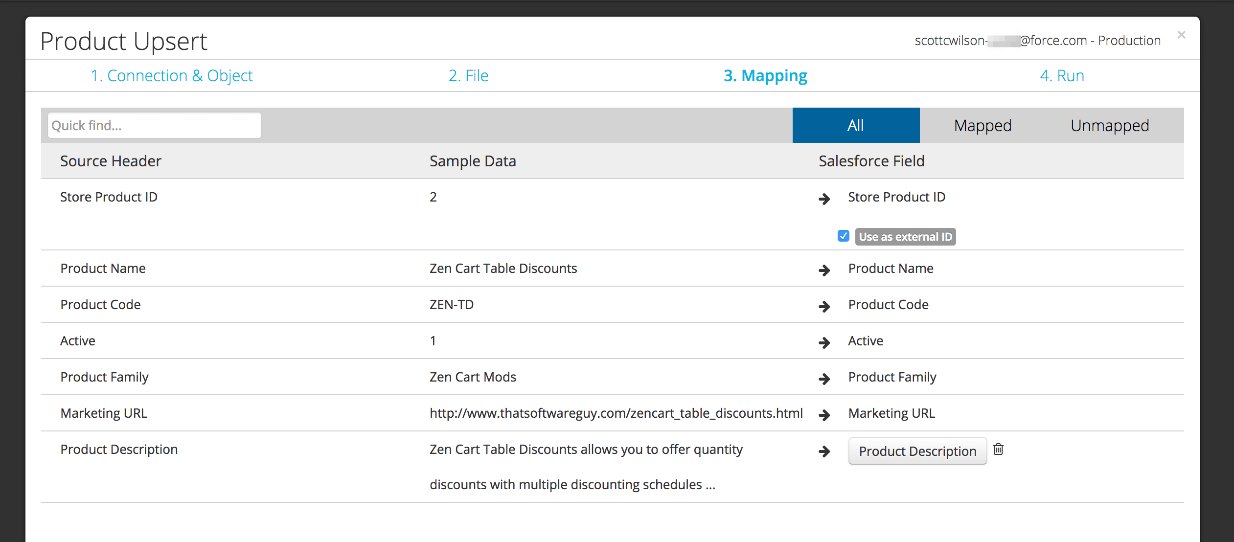 Dataloader.io Upsert of Zen Cart Products with Model Number Match