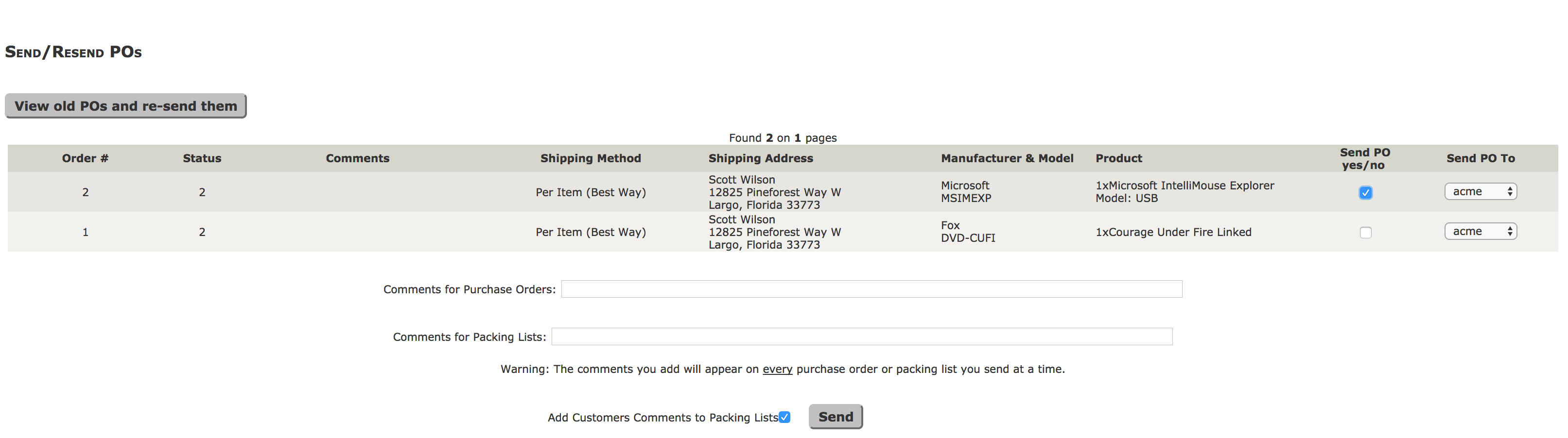 Zen Cart Send POs