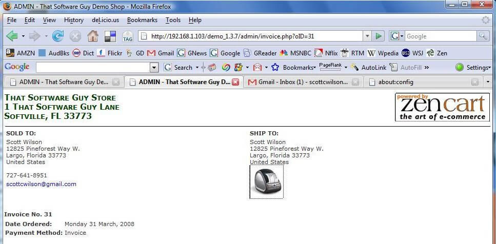 Invoice page showing Dymo Printer in FF