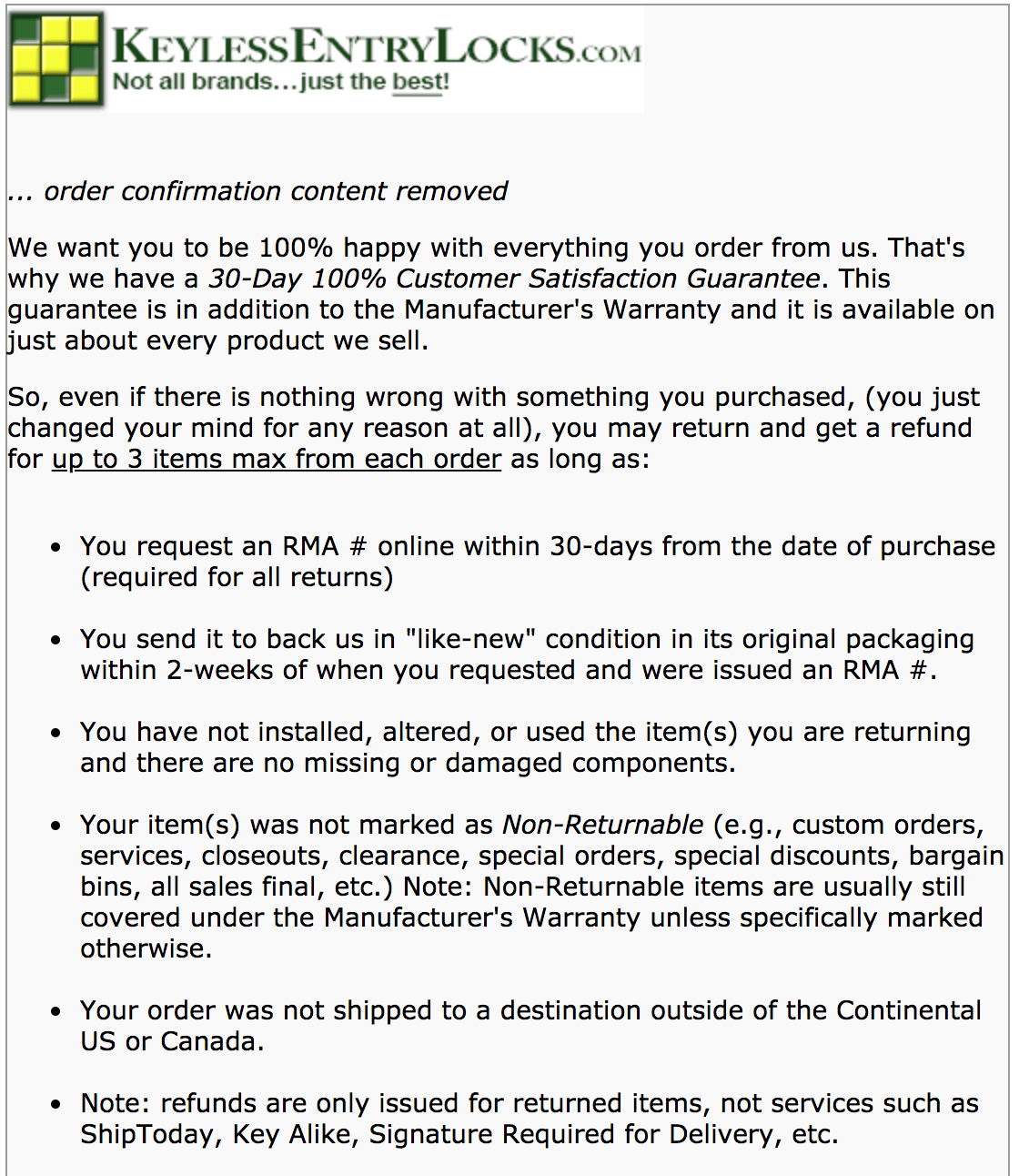 Zen Cart Order Confirmation appended content from KeylessEntryLocks