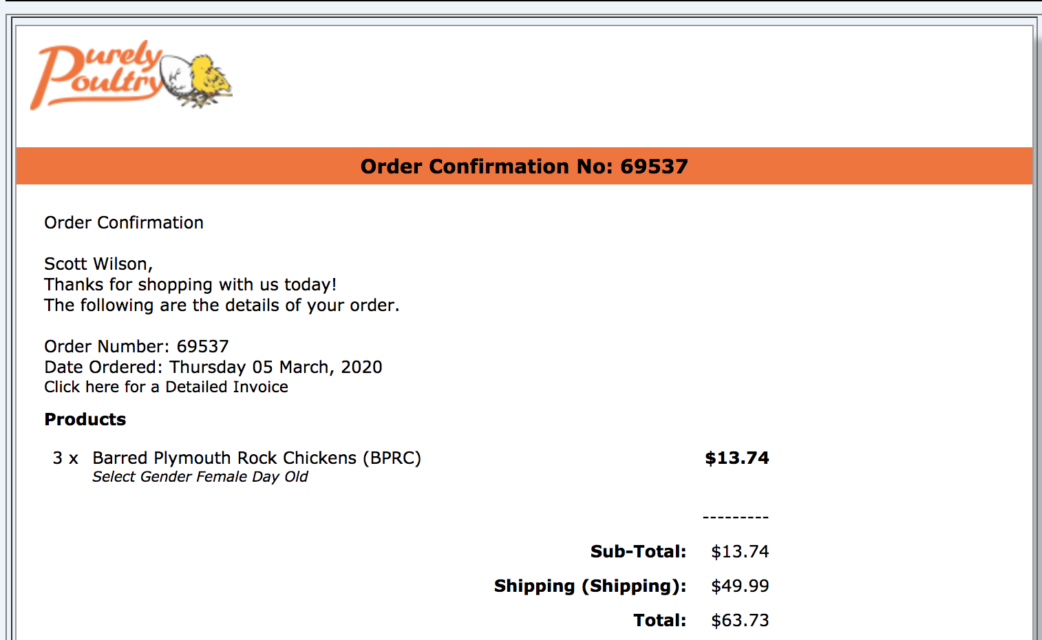 Zen Cart Order Confirmation email from Purely Poultry