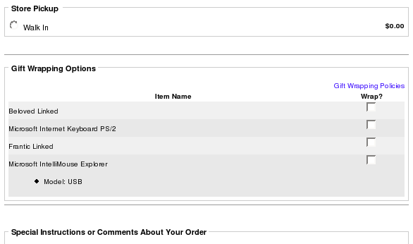 Zen Cart Shipping page showing Gift Wrapping 