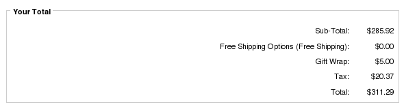 Zen Cart Payment Information page showing Gift Wrapping Fee