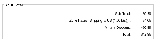 Zen Cart Payment page showing Military Discount