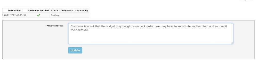 Zen Cart Notes on Order Details page
