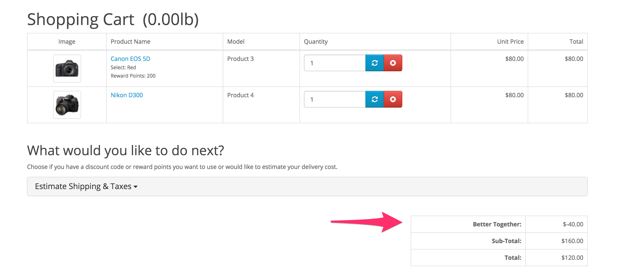 Shopping Cart page showing Better Together discount