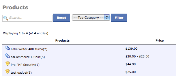 osCommerce Admin Page for Products