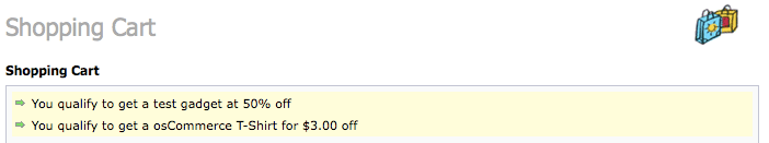 osCommerce Shopping cart page with an upsell message generated by Better Together