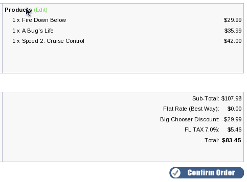 osCommerce Order confirmation page showing Big Chooser Discount