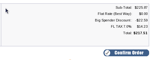 osCommerce Order confirmation page showing Big Spender Discount