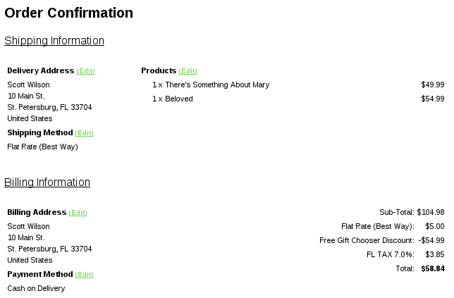osCommerce Order Confirmation page showing Discount Chooser discount