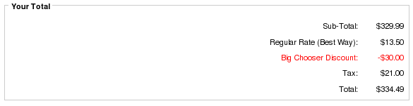 Zen Cart Payment page showing Big Chooser Discount