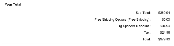 Zen Cart Payment page showing Big Spender Discount