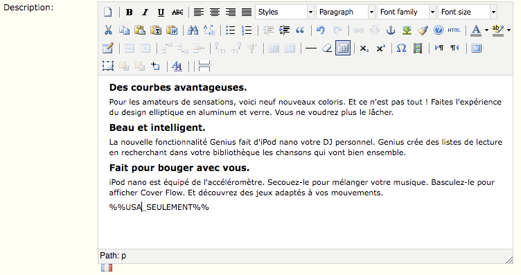 Prestashop Adding keys to French product definition
