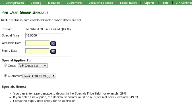 Zen Cart Per User Group Specials