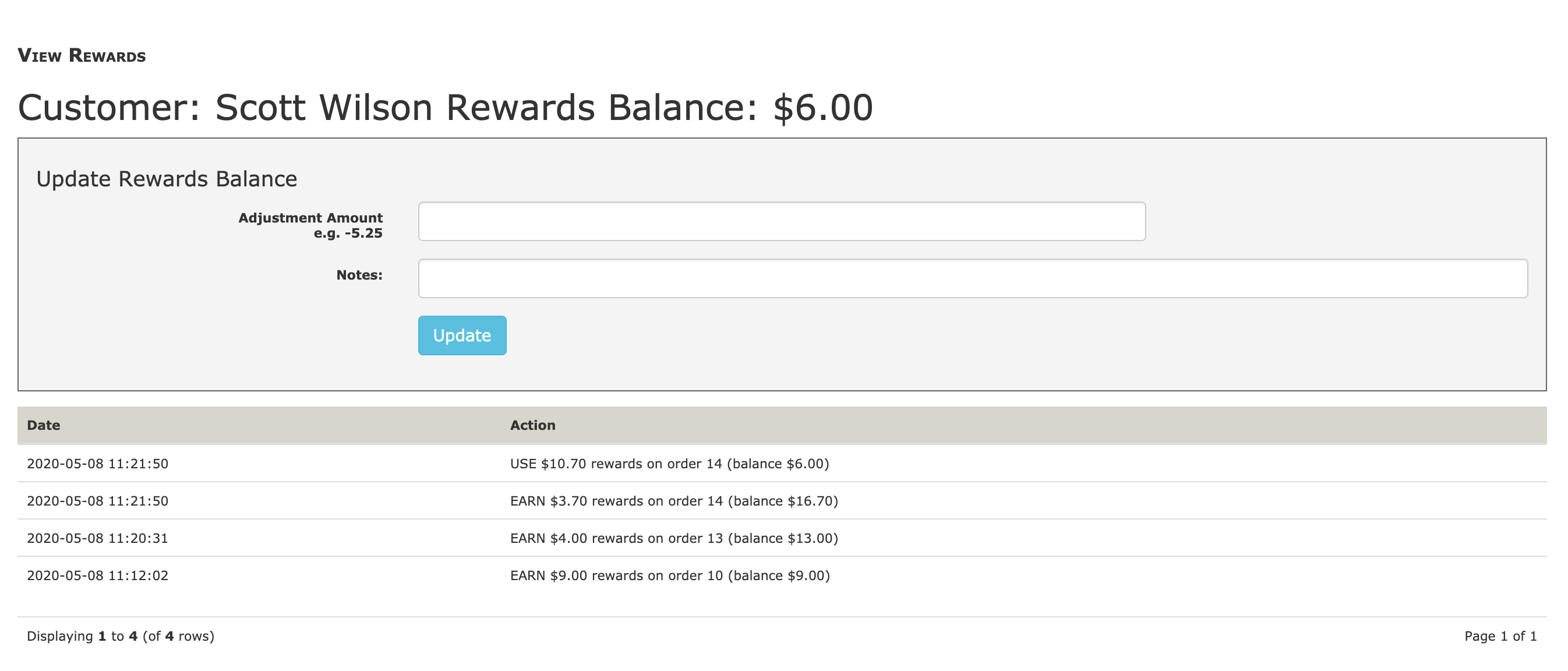 Zen Cart Reward Points Log page