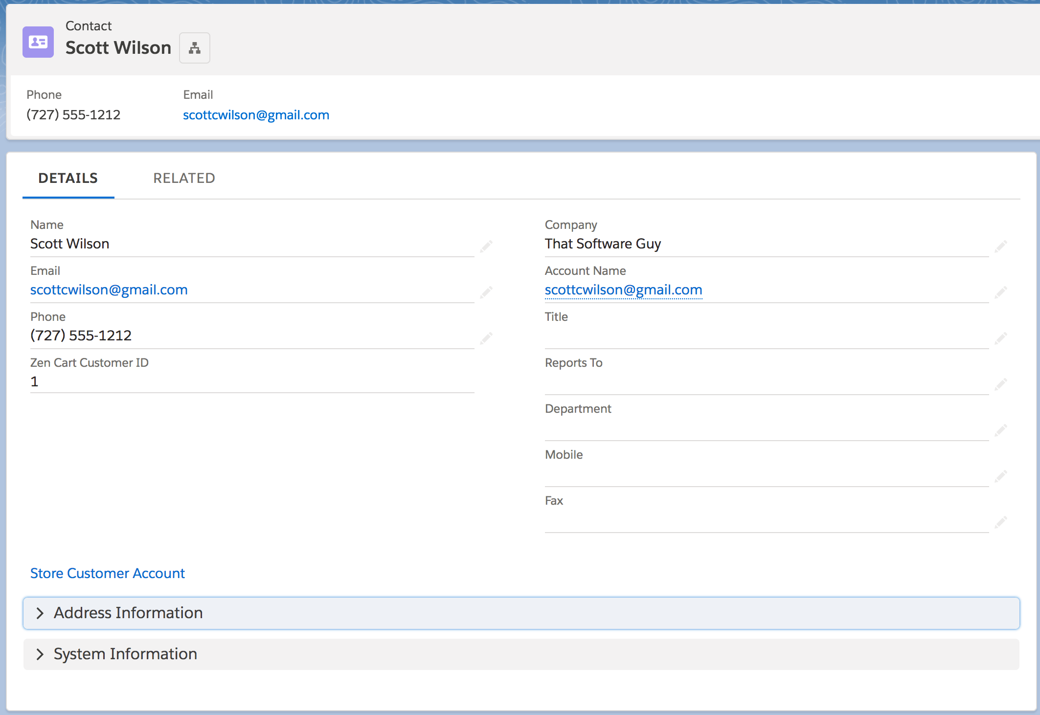 Zen Cart Customer Detail in Salesforce