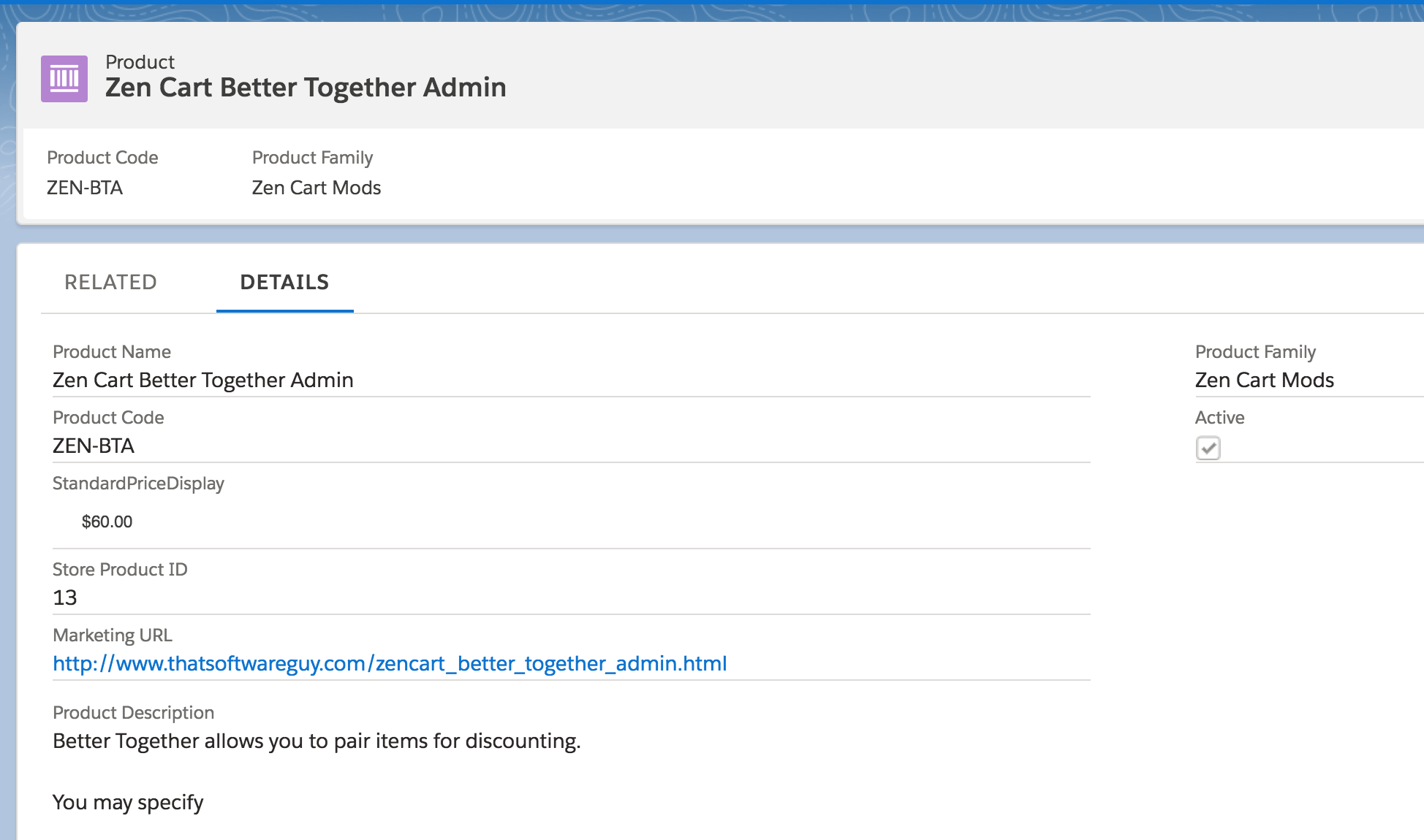 Salesforce Product Details page