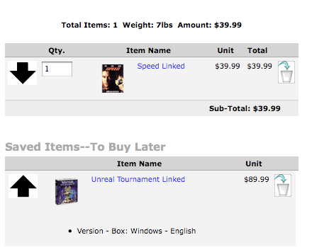 Zen Cart Shopping Cart Page showing both contents and Save for Later items