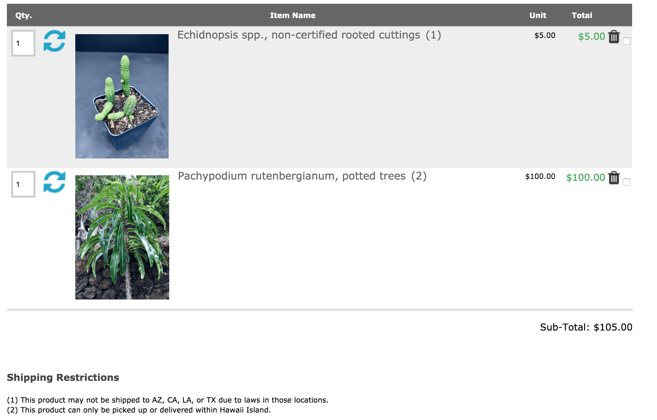 Zen Cart Shipping Restrictions - plants