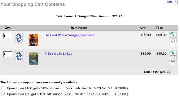 Zen Cart Shopping Cart Page displaying AutoCoupons