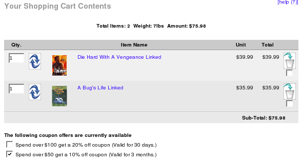 Zen Cart Shopping Cart Page displaying AutoCoupons