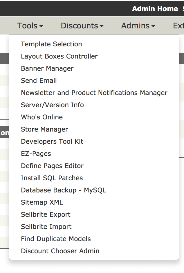 Zen Cart Tools menu showing Sellbrite options